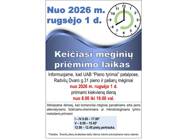 Nuo 2026 m.  rugsėjo 1 d. keičiasi mėginių priėmimo laikas