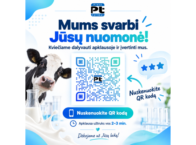 Mums svarbi Jūsų nuomonė. Kviečiame dalyvauti UAB „Pieno tyrimai“ klientų apklausoje.