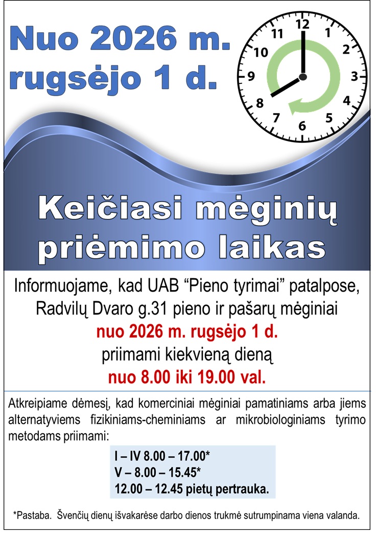 Nuo 2026 m.  rugsėjo 1 d. keičiasi mėginių priėmimo laikas
