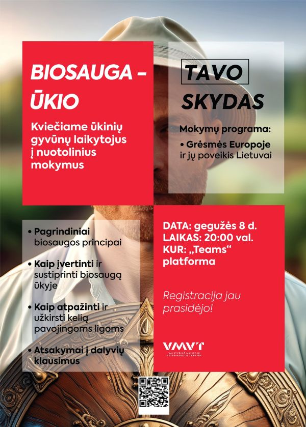 Kviečiame į nuotolinius mokymus „Biosauga – tavo ūkio skydas“